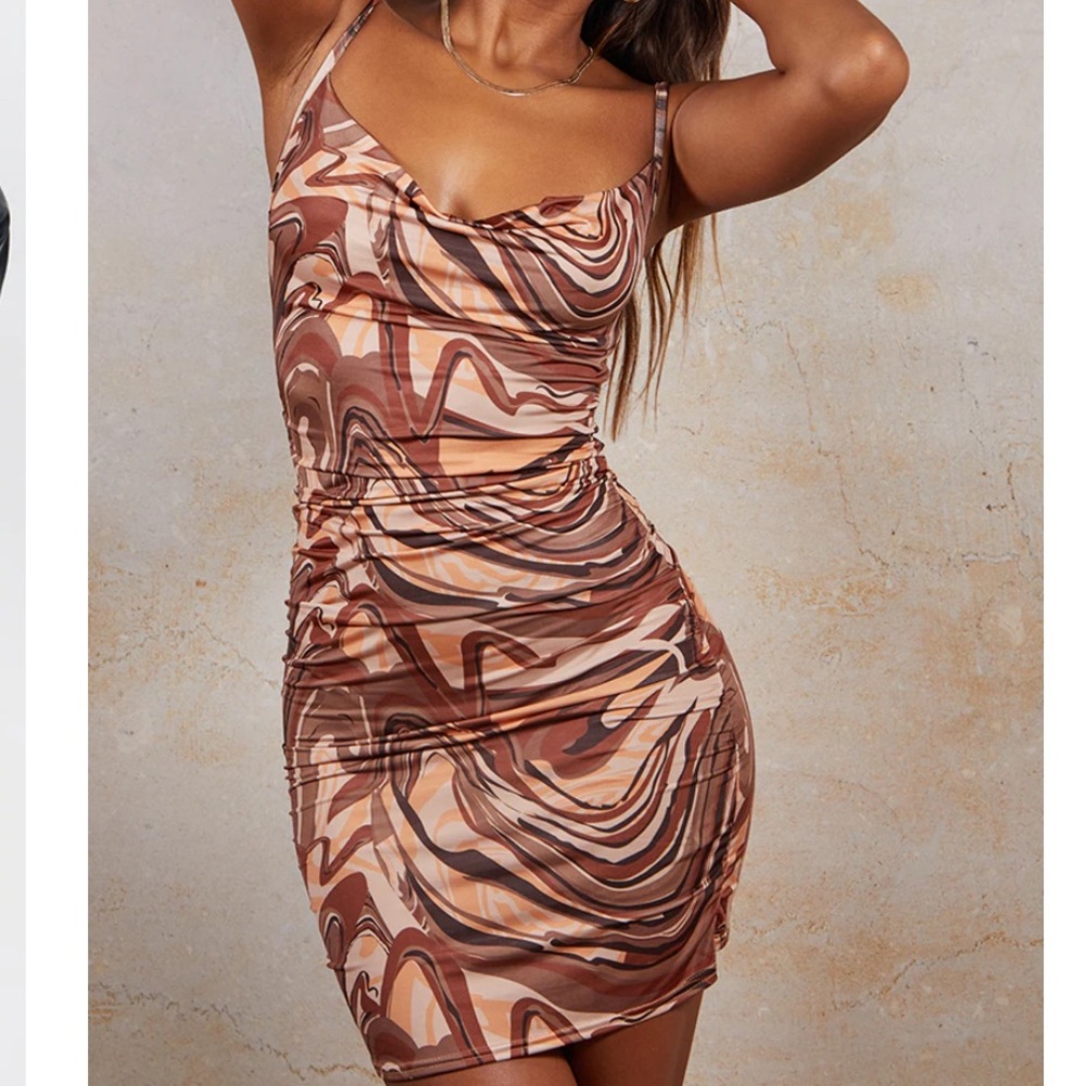 NWT PLT Brown Marble Print Strappy Ruched Bodycon Dress